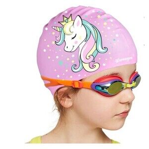 Unicorn Pattern Kids Swimming Caps for Kids Girls Age 2-12 Pink